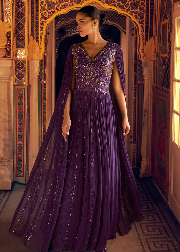 Buy Now Stylist Purple Embroidered Designer Anarkali Gown Online in US, UK, Canada, France, Italy, Singapore, UAE, Austria, Australia & Worldwide at Empress.
