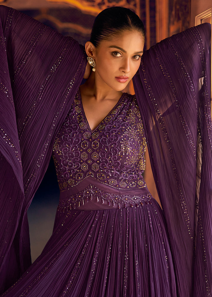Buy Now Stylist Purple Embroidered Designer Anarkali Gown Online in US, UK, Canada, France, Italy, Singapore, UAE, Austria, Australia & Worldwide at Empress.