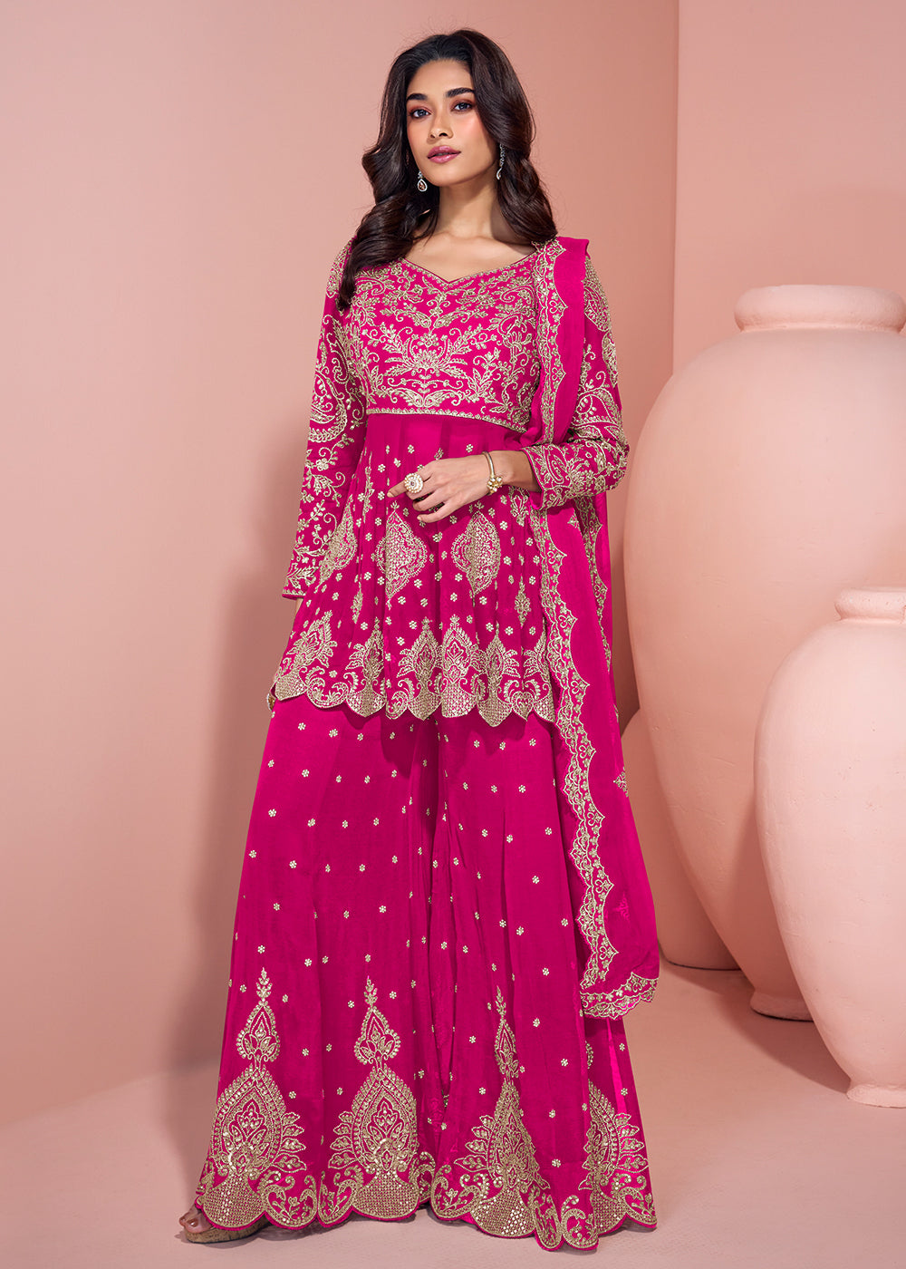 Buy Now Rani Pink Palazzo Style Embroidered  Festive Style Suit Online in USA, UK, Canada, Germany, Italy & Worldwide at Empress Clothing. 