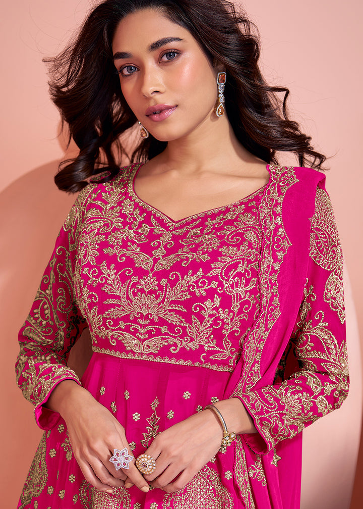 Buy Now Rani Pink Palazzo Style Embroidered  Festive Style Suit Online in USA, UK, Canada, Germany, Italy & Worldwide at Empress Clothing. 