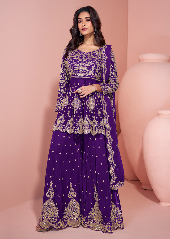 Buy Now Violet Purple Palazzo Style Embroidered  Festive Style Suit Online in USA, UK, Canada, Germany, Italy & Worldwide at Empress Clothing.