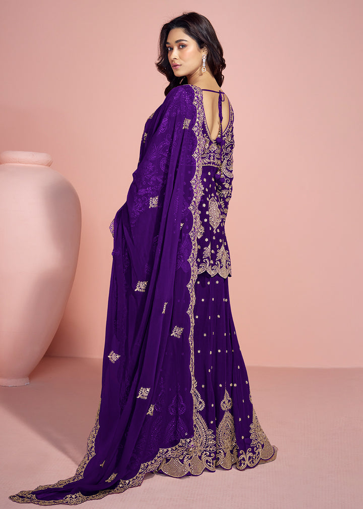 Buy Now Violet Purple Palazzo Style Embroidered  Festive Style Suit Online in USA, UK, Canada, Germany, Italy & Worldwide at Empress Clothing.