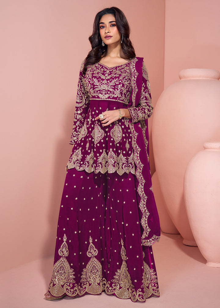 Buy Now Plum Purple Palazzo Style Embroidered  Festive Style Suit Online in USA, UK, Canada, Germany, Italy & Worldwide at Empress Clothing. 