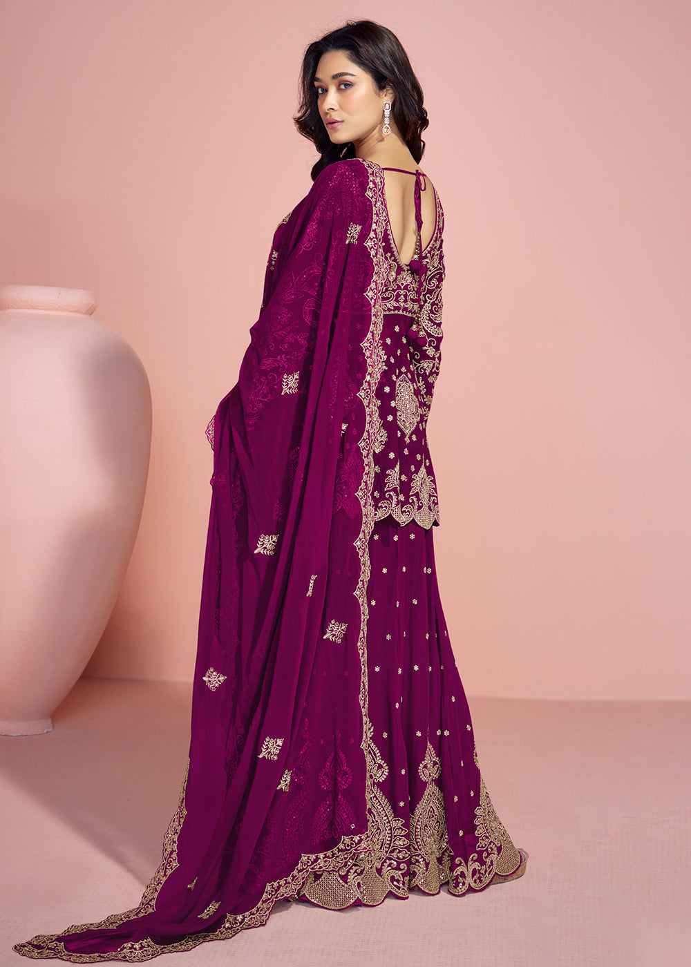Buy Now Plum Purple Palazzo Style Embroidered  Festive Style Suit Online in USA, UK, Canada, Germany, Italy & Worldwide at Empress Clothing. 