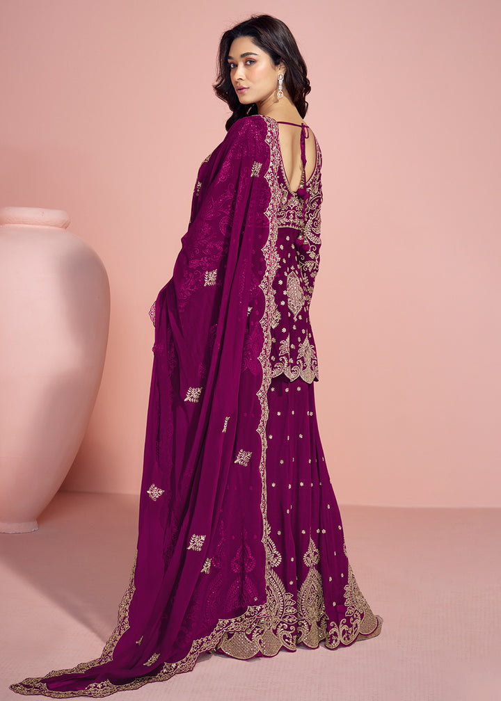 Buy Now Plum Purple Palazzo Style Embroidered  Festive Style Suit Online in USA, UK, Canada, Germany, Italy & Worldwide at Empress Clothing. 