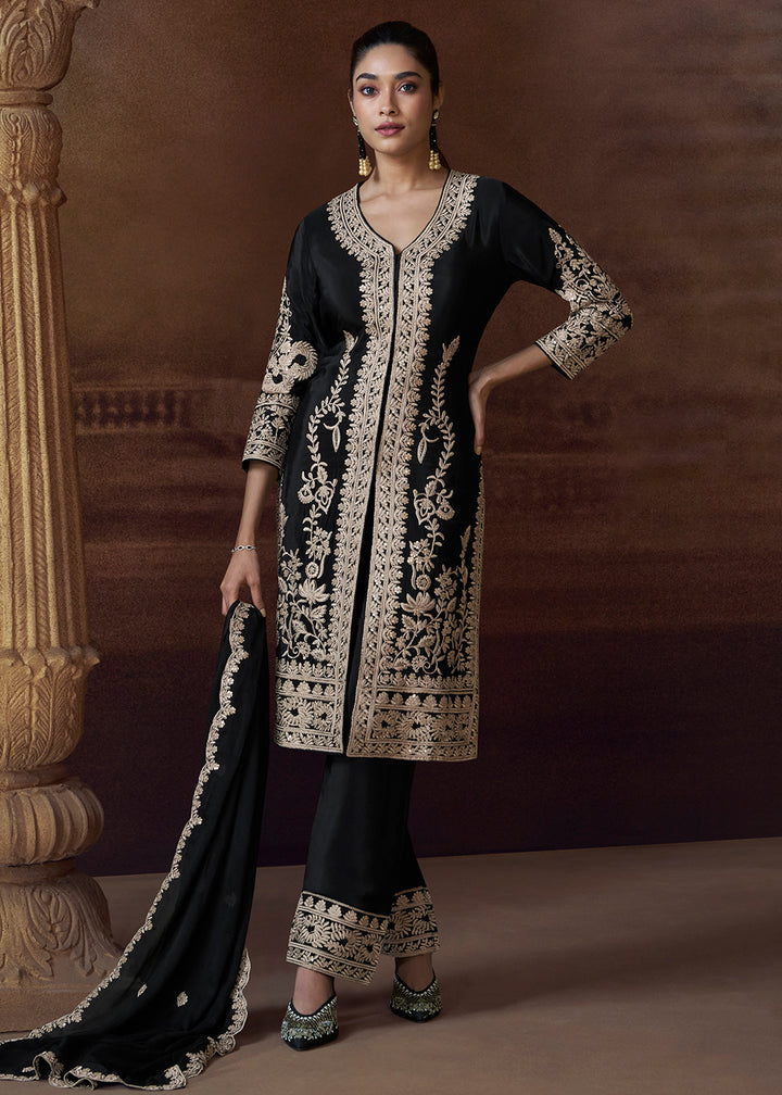 Buy Now Designer Black Chinnon Embroidered Eid Style Salwar Suit Online in USA, UK, Canada, Germany, Italy, UAE, France & Worldwide at Empress Clothing. 
