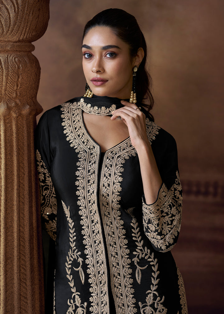 Buy Now Designer Black Chinnon Embroidered Eid Style Salwar Suit Online in USA, UK, Canada, Germany, Italy, UAE, France & Worldwide at Empress Clothing. 