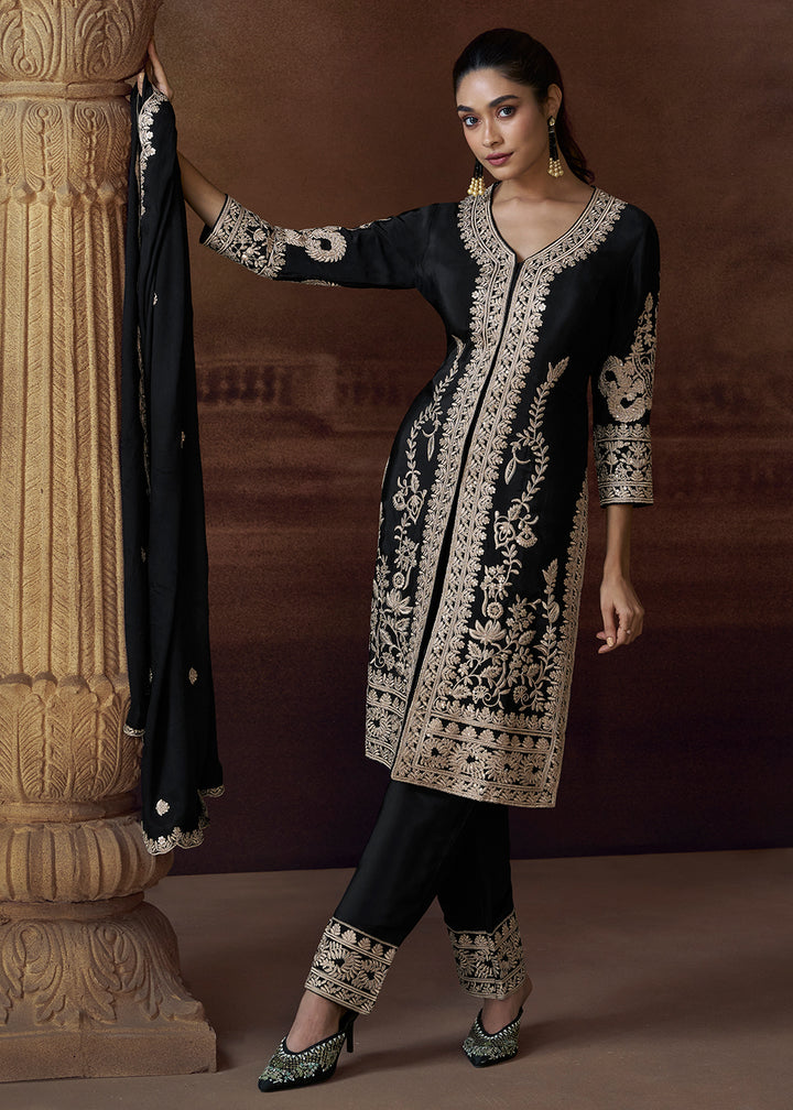 Buy Now Designer Black Chinnon Embroidered Eid Style Salwar Suit Online in USA, UK, Canada, Germany, Italy, UAE, France & Worldwide at Empress Clothing. 