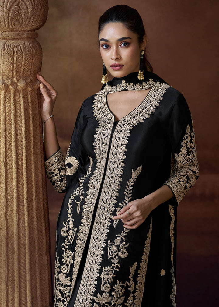 Buy Now Designer Black Chinnon Embroidered Eid Style Salwar Suit Online in USA, UK, Canada, Germany, Italy, UAE, France & Worldwide at Empress Clothing. 