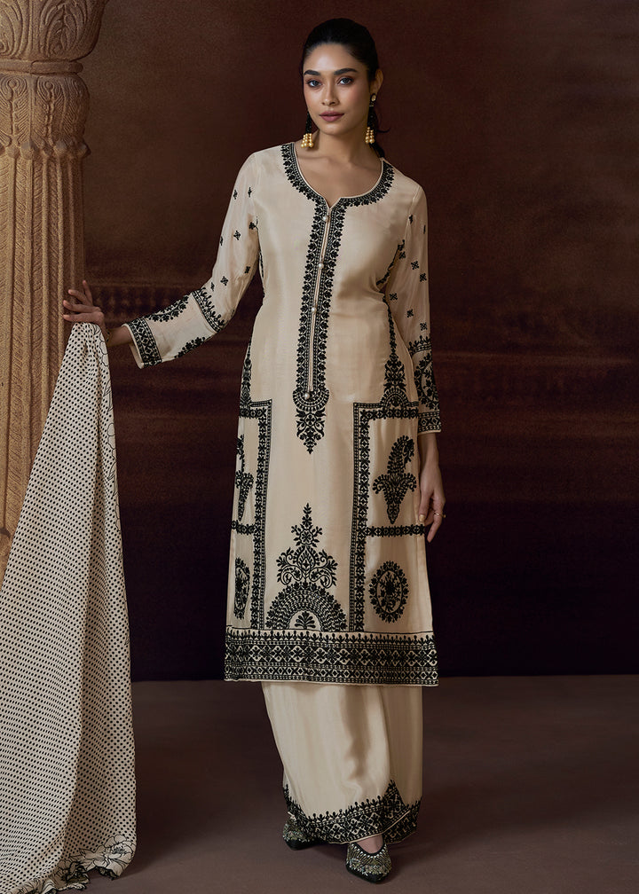 Buy Now Designer Cream Chinnon Embroidered Eid Style Salwar Suit Online in USA, UK, Canada, Germany, Italy, UAE, France & Worldwide at Empress Clothing. 