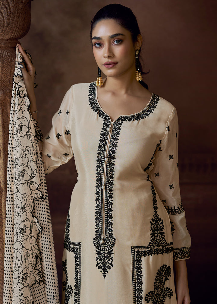 Buy Now Designer Cream Chinnon Embroidered Eid Style Salwar Suit Online in USA, UK, Canada, Germany, Italy, UAE, France & Worldwide at Empress Clothing. 