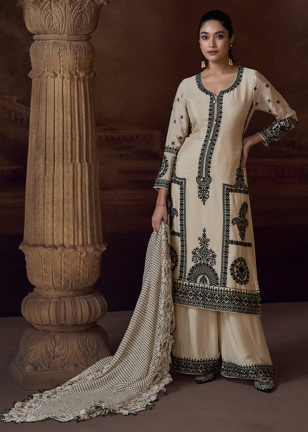 Buy Now Designer Cream Chinnon Embroidered Eid Style Salwar Suit Online in USA, UK, Canada, Germany, Italy, UAE, France & Worldwide at Empress Clothing. 
