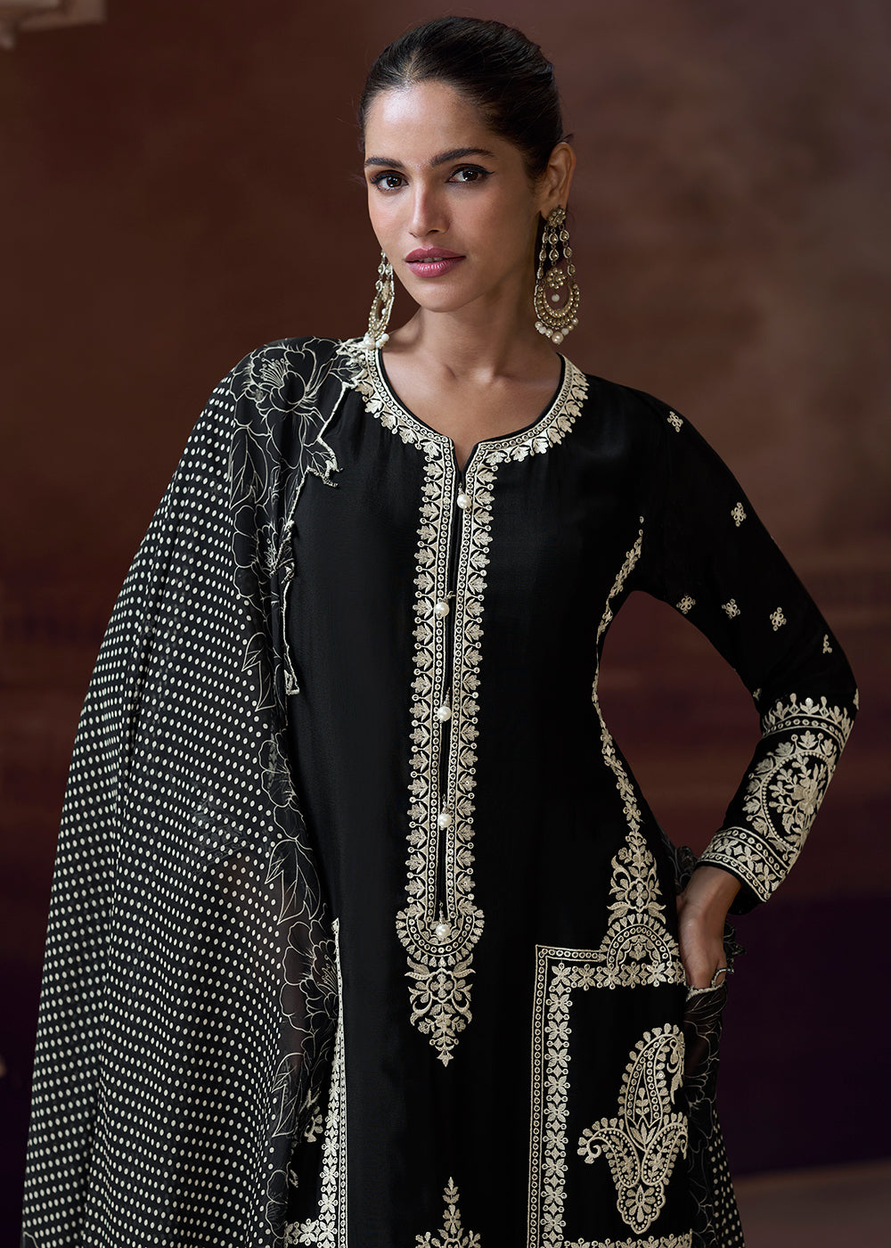 Buy Now Designer Chinnon Black Embroidered Eid Style Salwar Suit Online in USA, UK, Canada, Germany, Italy, UAE, France & Worldwide at Empress Clothing. 