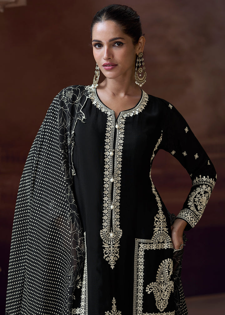 Buy Now Designer Chinnon Black Embroidered Eid Style Salwar Suit Online in USA, UK, Canada, Germany, Italy, UAE, France & Worldwide at Empress Clothing. 