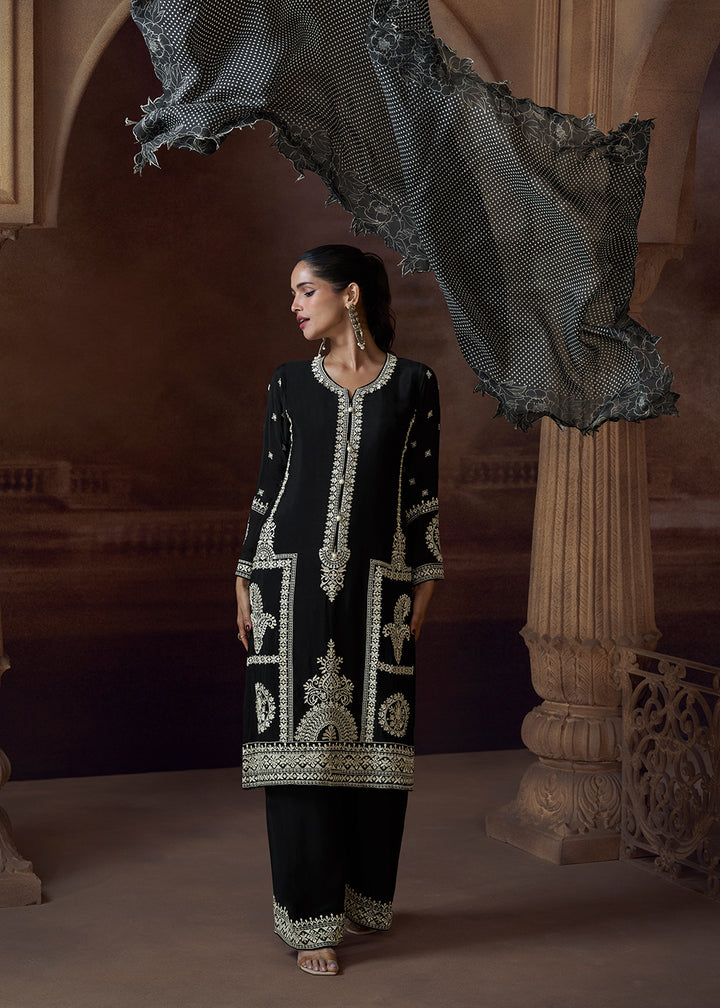 Buy Now Designer Chinnon Black Embroidered Eid Style Salwar Suit Online in USA, UK, Canada, Germany, Italy, UAE, France & Worldwide at Empress Clothing. 