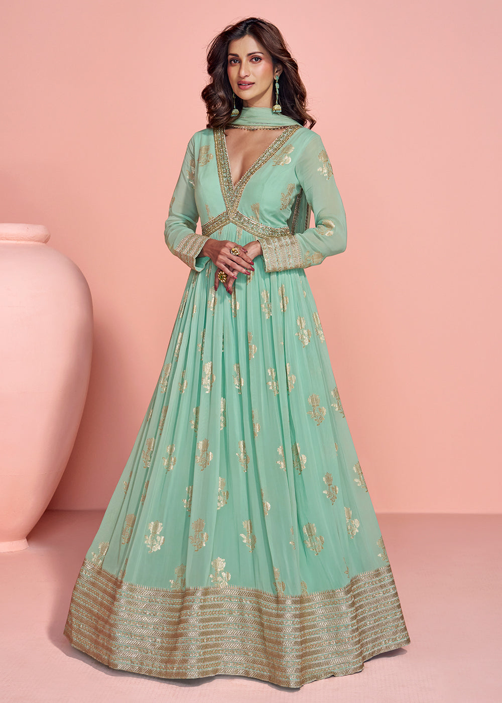 Buy Now Mint Green Viscose Jacquard Silk Heavy Anarkali Gown Online in US, UK, Canada, France, Italy, Singapore, UAE, Austria & Worldwide at Empress Clothing.