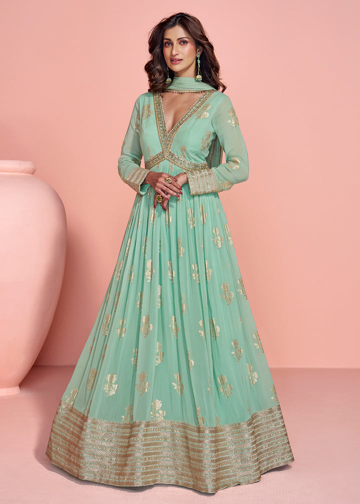 Buy Now Mint Green Viscose Jacquard Silk Heavy Anarkali Gown Online in US, UK, Canada, France, Italy, Singapore, UAE, Austria & Worldwide at Empress Clothing.