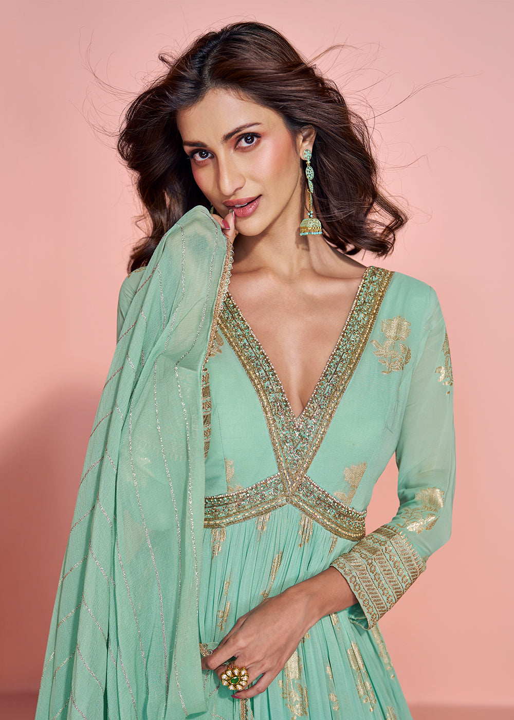 Buy Now Mint Green Viscose Jacquard Silk Heavy Anarkali Gown Online in US, UK, Canada, France, Italy, Singapore, UAE, Austria & Worldwide at Empress Clothing.