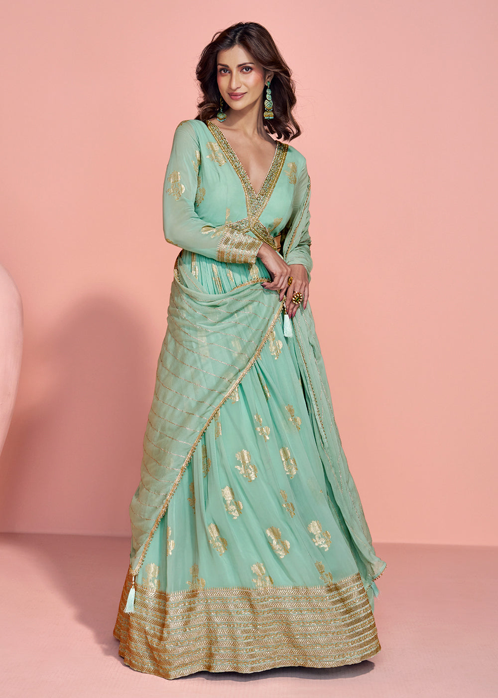Buy Now Mint Green Viscose Jacquard Silk Heavy Anarkali Gown Online in US, UK, Canada, France, Italy, Singapore, UAE, Austria & Worldwide at Empress Clothing.