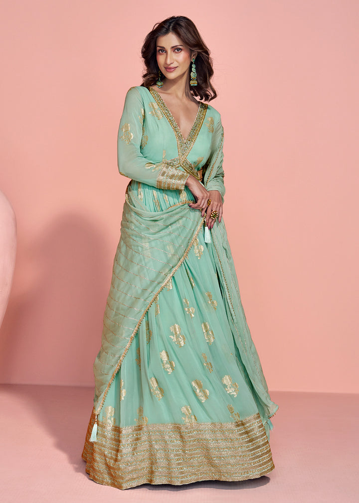 Buy Now Mint Green Viscose Jacquard Silk Heavy Anarkali Gown Online in US, UK, Canada, France, Italy, Singapore, UAE, Austria & Worldwide at Empress Clothing.