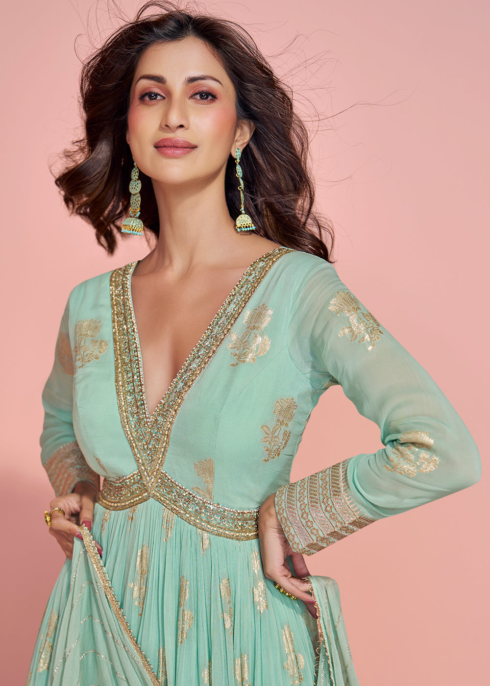 Buy Now Mint Green Viscose Jacquard Silk Heavy Anarkali Gown Online in US, UK, Canada, France, Italy, Singapore, UAE, Austria & Worldwide at Empress Clothing.
