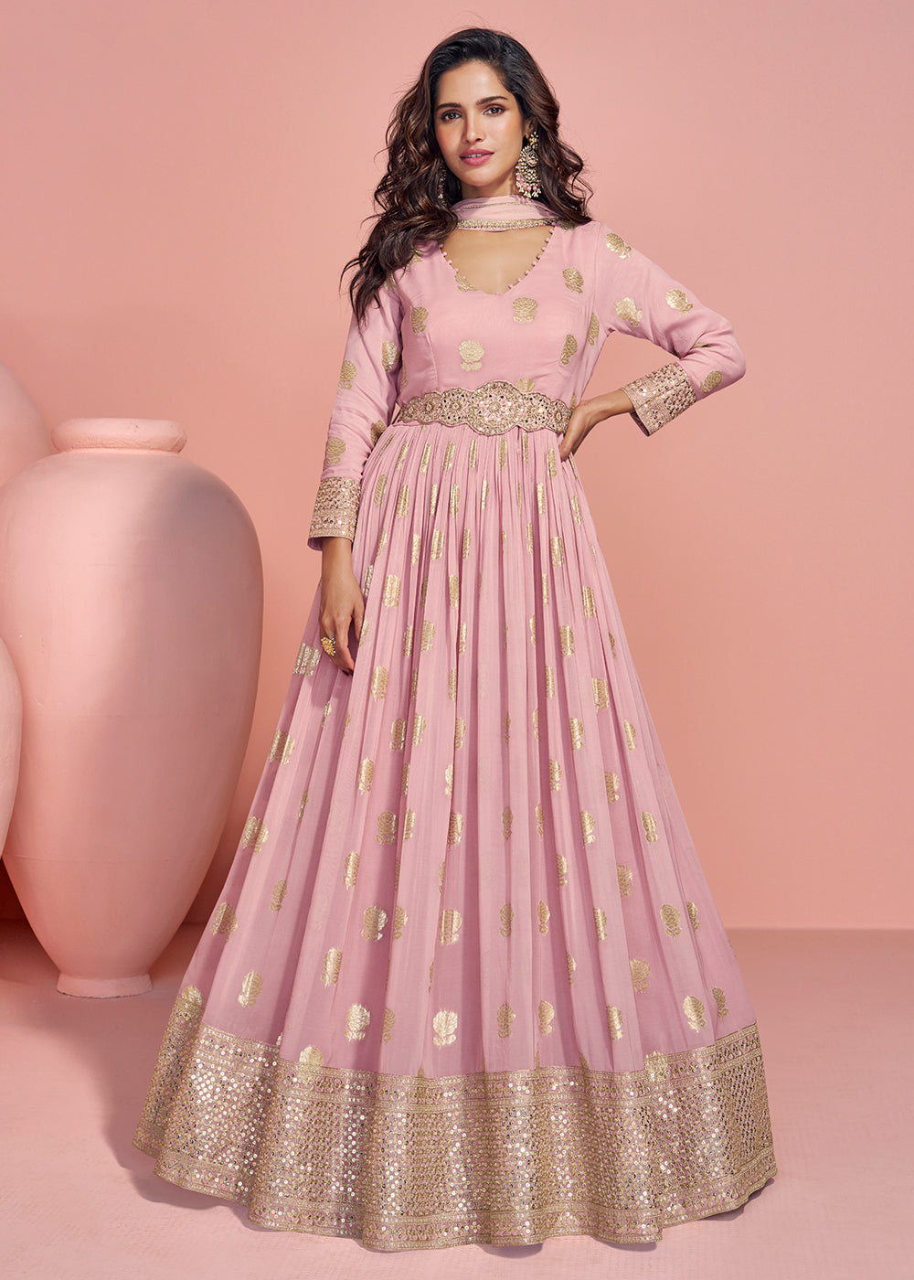 Buy Now Light Pink Viscose Jacquard Silk Heavy Anarkali Gown Online in US, UK, Canada, France, Italy, Singapore, UAE, Austria & Worldwide at Empress Clothing.