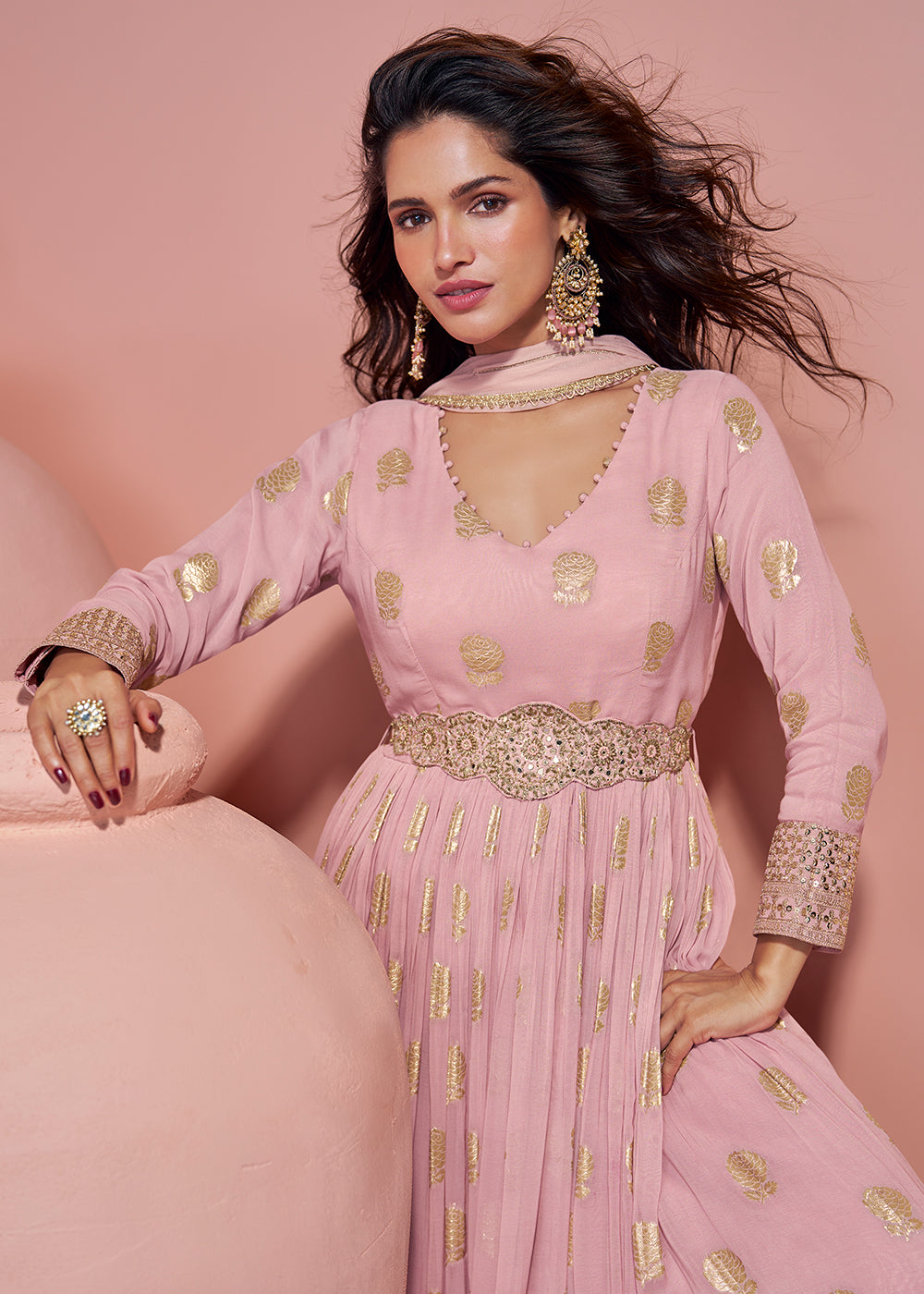 Buy Now Light Pink Viscose Jacquard Silk Heavy Anarkali Gown Online in US, UK, Canada, France, Italy, Singapore, UAE, Austria & Worldwide at Empress Clothing.