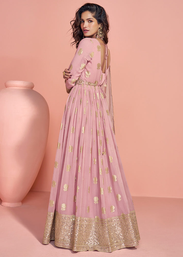 Buy Now Light Pink Viscose Jacquard Silk Heavy Anarkali Gown Online in US, UK, Canada, France, Italy, Singapore, UAE, Austria & Worldwide at Empress Clothing.