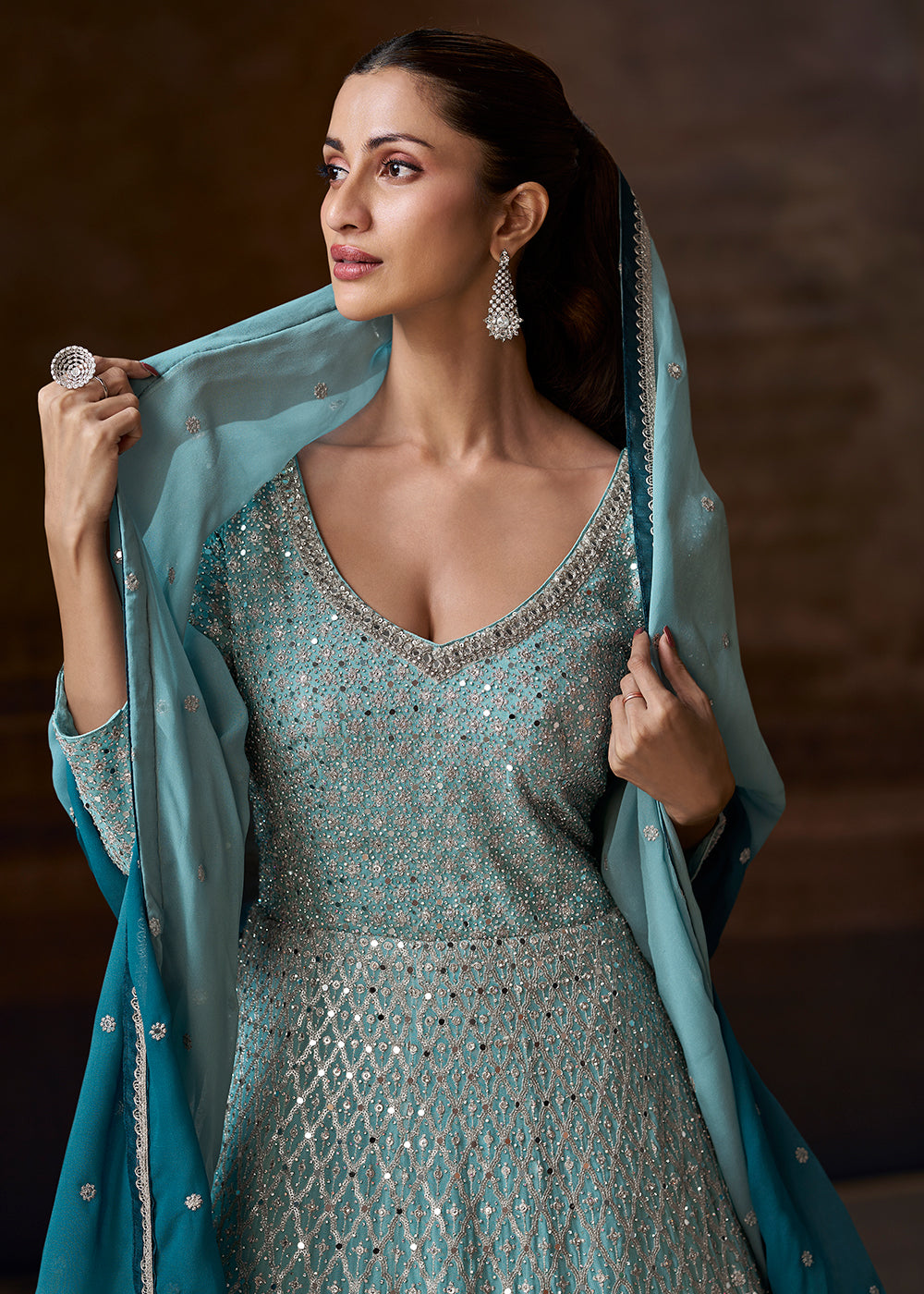 Buy Now Ombre Sea Blue Heavy Embroidered Wedding Anarkali Gown Online in US, UK, Canada, France, Italy, Singapore, UAE, Austria & Worldwide at Empress Clothing.