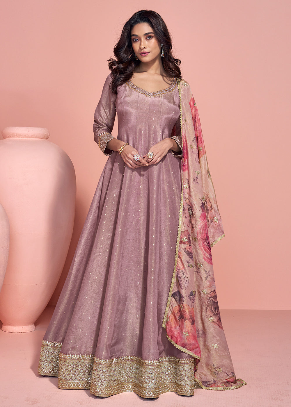 Buy Now Taupe Mauve Shimmer Organza Silk Festive Anarkali Suit Online in US, UK, Australia, Italy, Germany, Canada, France, UAE & Worldwide at Empress Clothing.