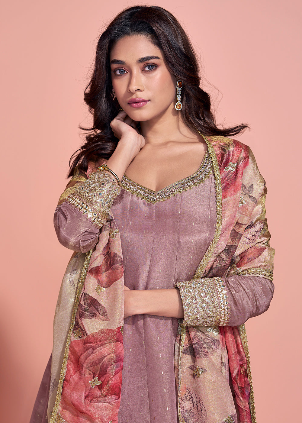 Buy Now Taupe Mauve Shimmer Organza Silk Festive Anarkali Suit Online in US, UK, Australia, Italy, Germany, Canada, France, UAE & Worldwide at Empress Clothing.