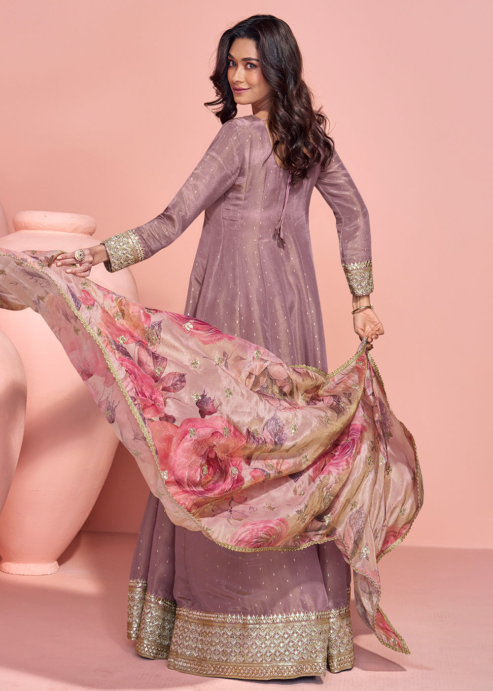 Buy Now Taupe Mauve Shimmer Organza Silk Festive Anarkali Suit Online in US, UK, Australia, Italy, Germany, Canada, France, UAE & Worldwide at Empress Clothing.