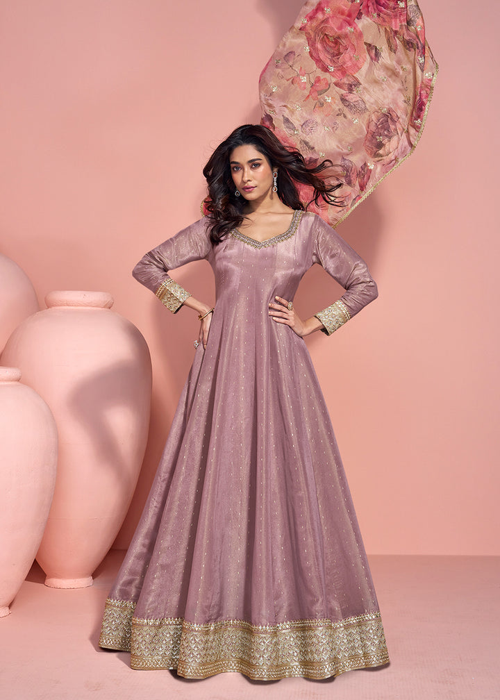 Buy Now Taupe Mauve Shimmer Organza Silk Festive Anarkali Suit Online in US, UK, Australia, Italy, Germany, Canada, France, UAE & Worldwide at Empress Clothing.