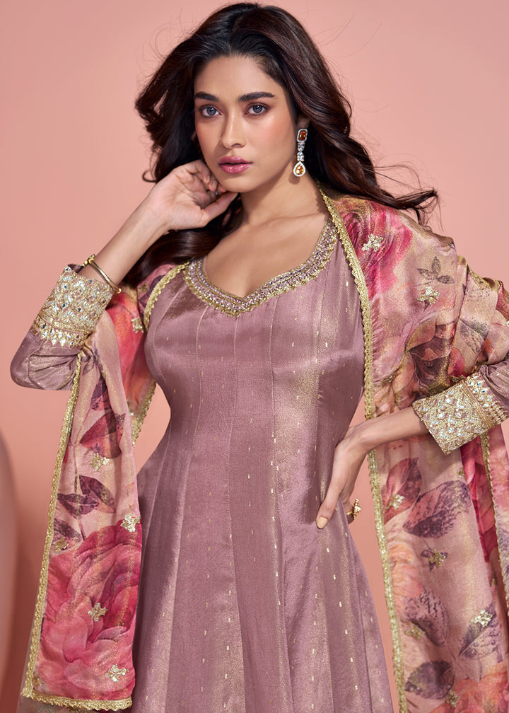 Buy Now Taupe Mauve Shimmer Organza Silk Festive Anarkali Suit Online in US, UK, Australia, Italy, Germany, Canada, France, UAE & Worldwide at Empress Clothing.