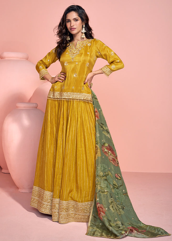 Buy Now Mustard Shimmer Organza Silk Festive Lehenga Style Suit Online in USA, UK, Canada, Germany, Italy, France, UAE & Worldwide at Empress Clothing. 