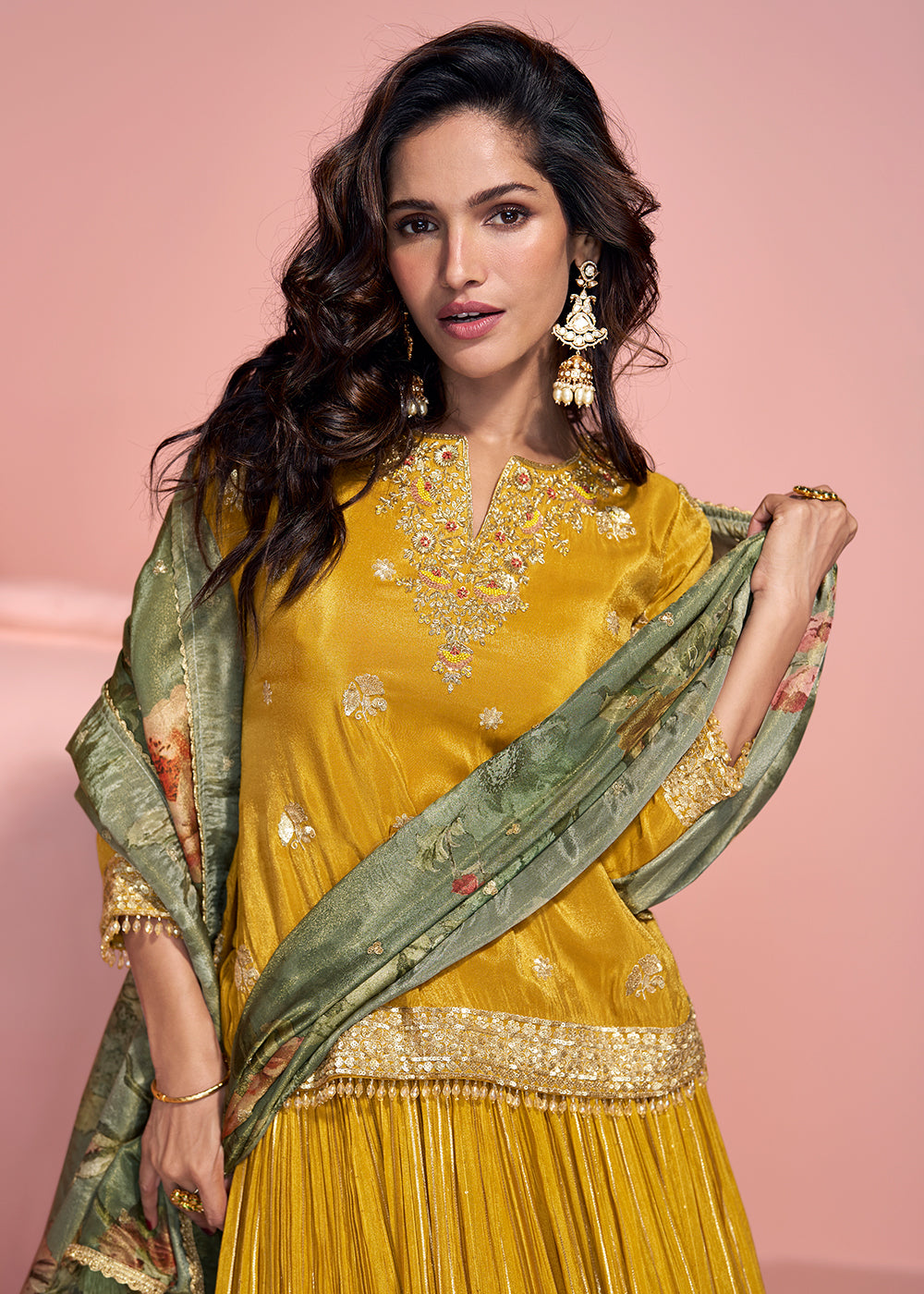 Buy Now Mustard Shimmer Organza Silk Festive Lehenga Style Suit Online in USA, UK, Canada, Germany, Italy, France, UAE & Worldwide at Empress Clothing. 