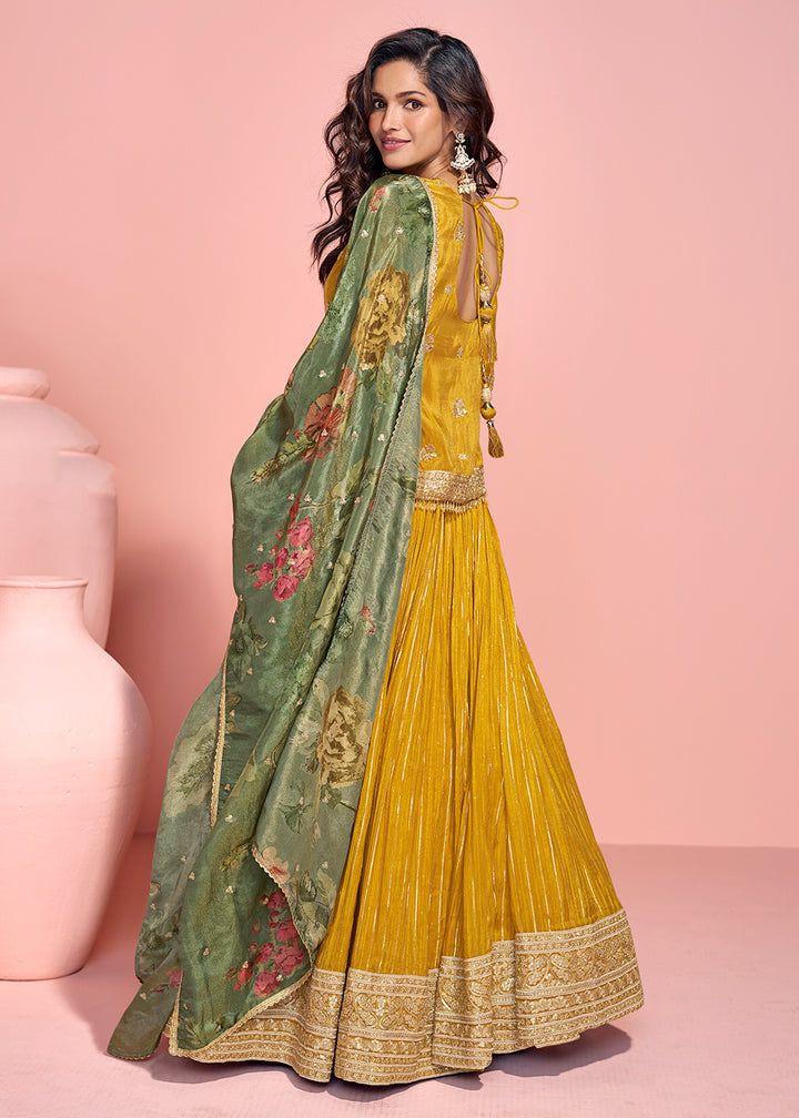 Buy Now Mustard Shimmer Organza Silk Festive Lehenga Style Suit Online in USA, UK, Canada, Germany, Italy, France, UAE & Worldwide at Empress Clothing. 