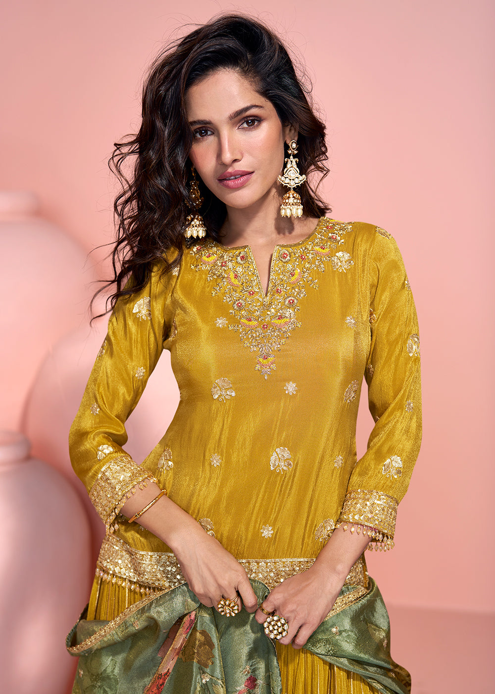 Buy Now Mustard Shimmer Organza Silk Festive Lehenga Style Suit Online in USA, UK, Canada, Germany, Italy, France, UAE & Worldwide at Empress Clothing. 
