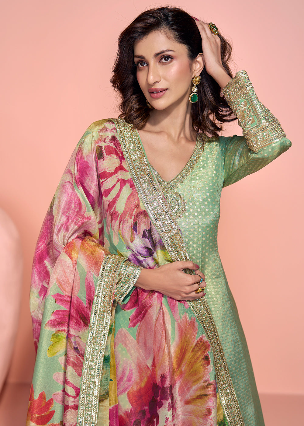 Buy Now Green Viscose Jacquard Silk Festive Anarkali Suit Online in US, UK, Australia, Italy, Germany, Canada, France, UAE & Worldwide at Empress Clothing.