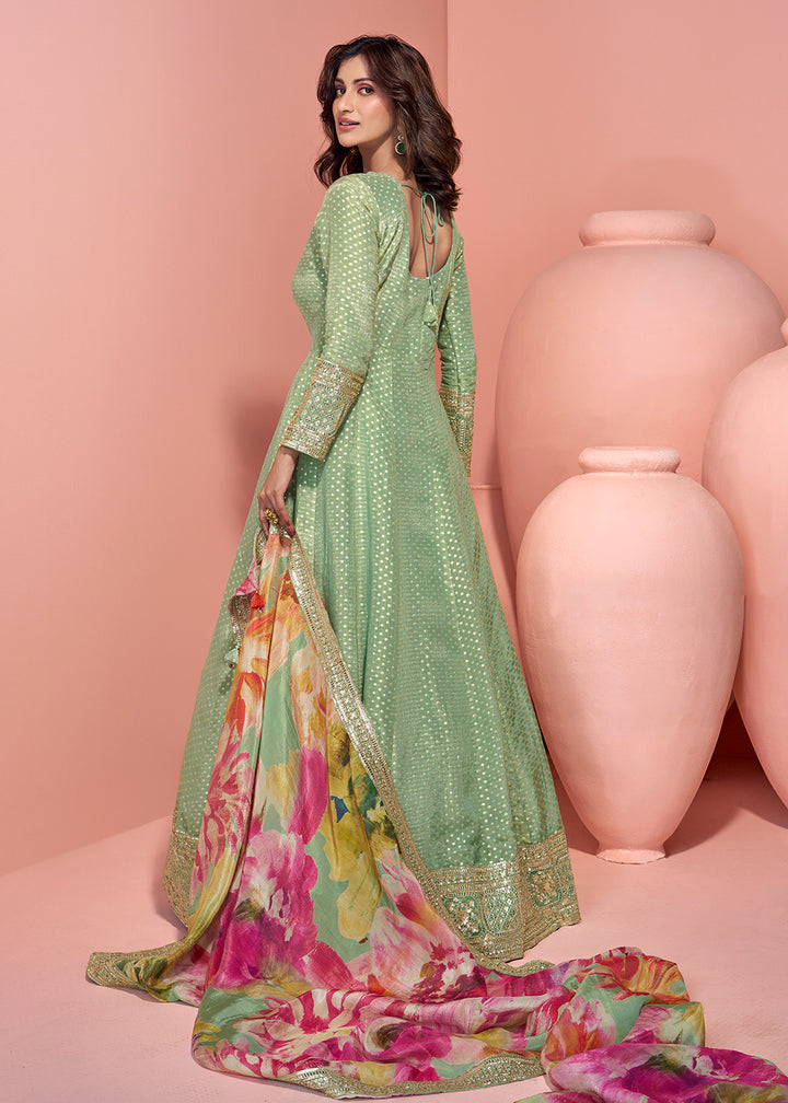 Buy Now Green Viscose Jacquard Silk Festive Anarkali Suit Online in US, UK, Australia, Italy, Germany, Canada, France, UAE & Worldwide at Empress Clothing.