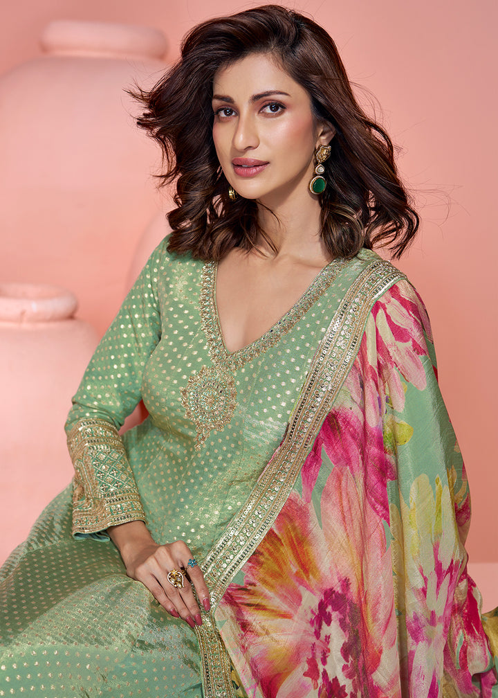 Buy Now Green Viscose Jacquard Silk Festive Anarkali Suit Online in US, UK, Australia, Italy, Germany, Canada, France, UAE & Worldwide at Empress Clothing.