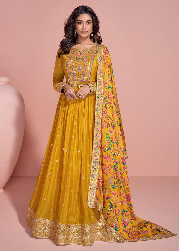Buy Now Appealing Mustard Embroidered Chinnon Silk Anarkali Gown Online in US, UK, Canada, France, Italy, Singapore, UAE & Worldwide at Empress Clothing.