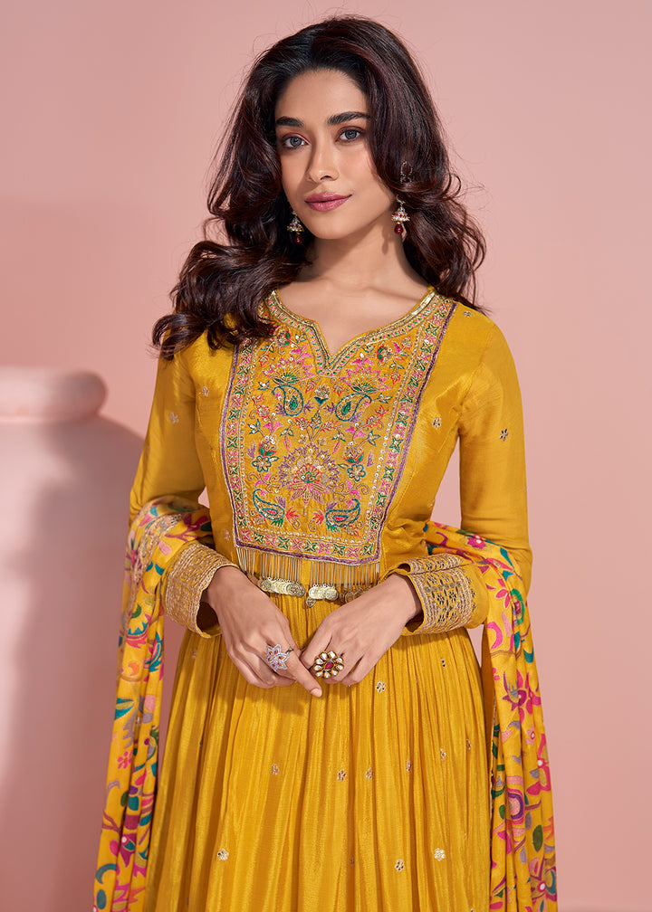 Buy Now Appealing Mustard Embroidered Chinnon Silk Anarkali Gown Online in US, UK, Canada, France, Italy, Singapore, UAE & Worldwide at Empress Clothing.