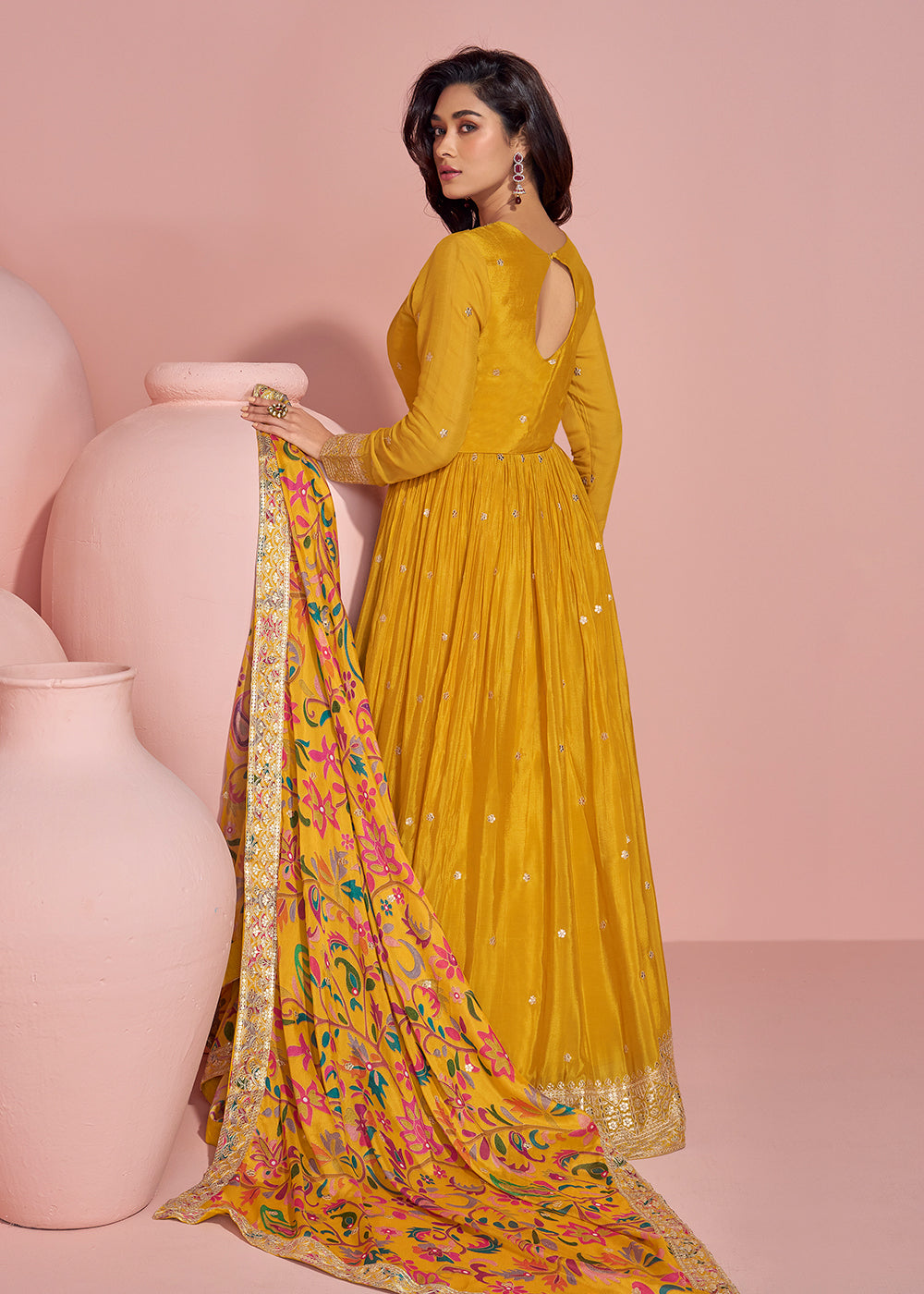Buy Now Appealing Mustard Embroidered Chinnon Silk Anarkali Gown Online in US, UK, Canada, France, Italy, Singapore, UAE & Worldwide at Empress Clothing.
