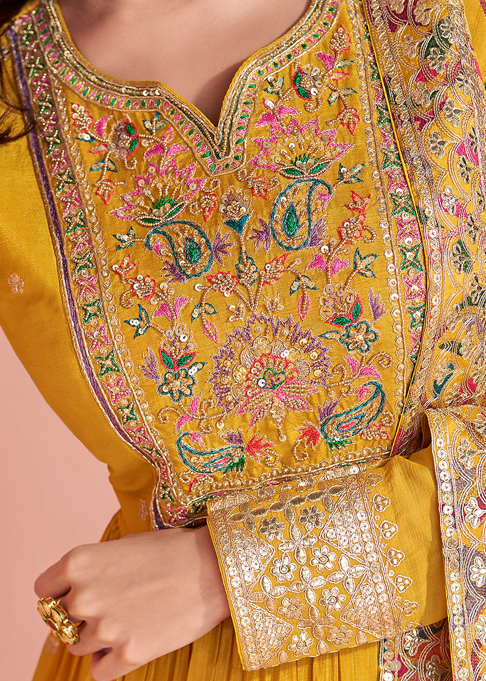 Buy Now Appealing Mustard Embroidered Chinnon Silk Anarkali Gown Online in US, UK, Canada, France, Italy, Singapore, UAE & Worldwide at Empress Clothing.