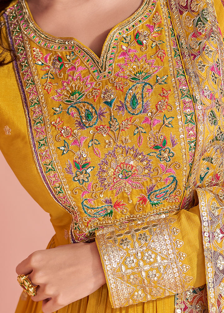 Buy Now Appealing Mustard Embroidered Chinnon Silk Anarkali Gown Online in US, UK, Canada, France, Italy, Singapore, UAE & Worldwide at Empress Clothing.