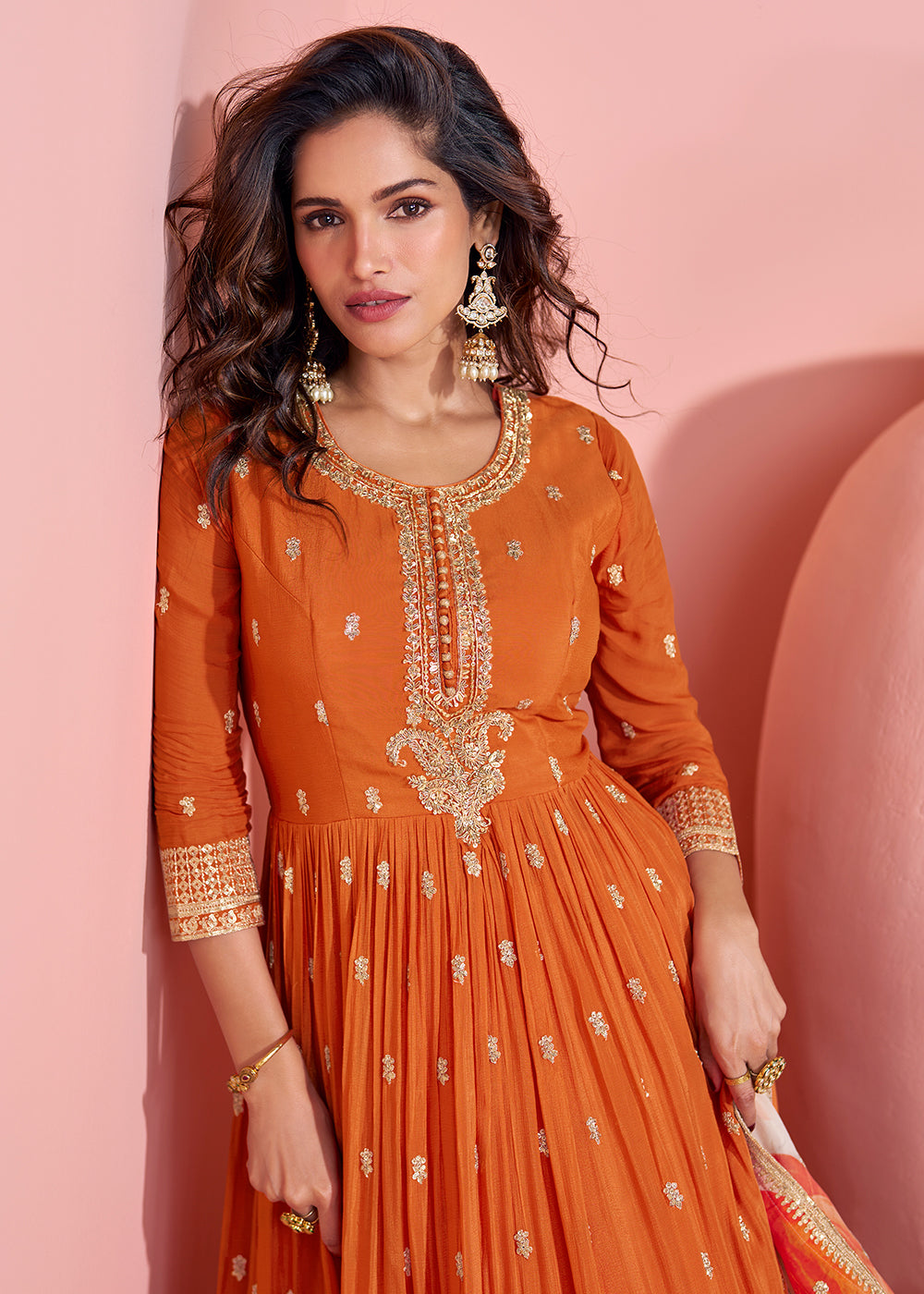 Buy Now Appealing Orange Embroidered Chinnon Silk Anarkali Gown Online in US, UK, Canada, France, Italy, Singapore, UAE & Worldwide at Empress Clothing.