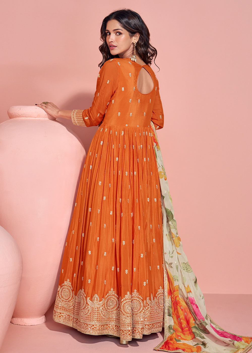 Buy Now Appealing Orange Embroidered Chinnon Silk Anarkali Gown Online in US, UK, Canada, France, Italy, Singapore, UAE & Worldwide at Empress Clothing.