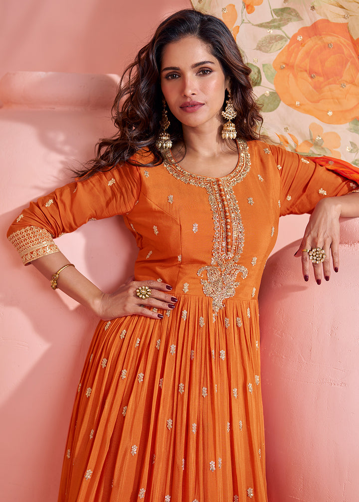 Buy Now Appealing Orange Embroidered Chinnon Silk Anarkali Gown Online in US, UK, Canada, France, Italy, Singapore, UAE & Worldwide at Empress Clothing.