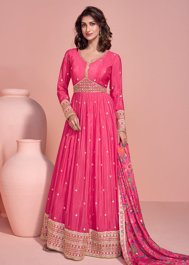 Buy Now Appealing Pink Embroidered Chinnon Silk Anarkali Gown Online in US, UK, Canada, France, Italy, Singapore, UAE & Worldwide at Empress Clothing.